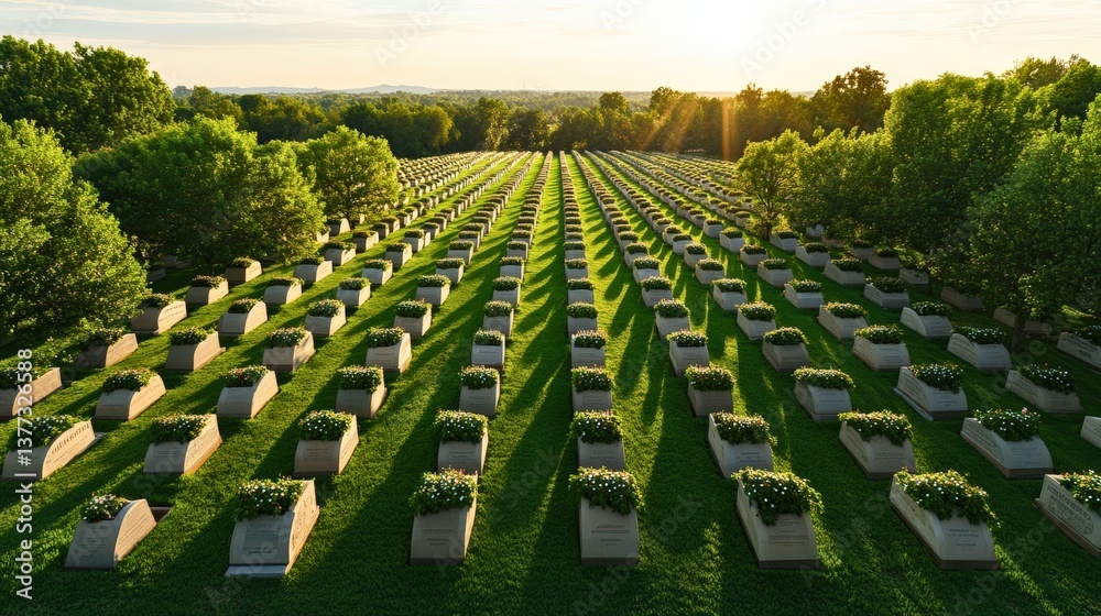 Fototapeta premium A large field of graves with a sun shining on them