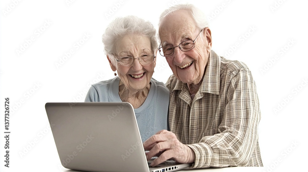 Joyful senior couple using laptop against white background, smiling at camera in ultra-realistic close-up with soft natural lighting, ideal for technology and lifestyle concepts. Joyful senior couple using laptop against white background, smiling at camera in ultra-realistic close-up with soft natural lighting, ideal for technology and lifestyle concepts.