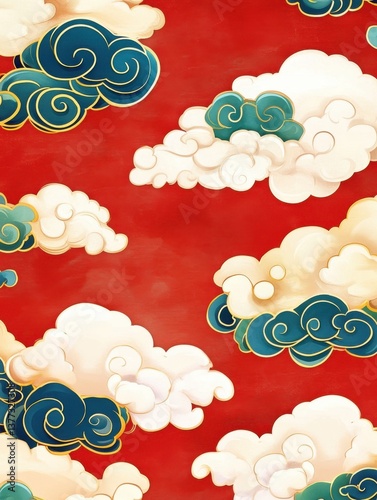Traditional Chinese Cloud Patterns on Red Background