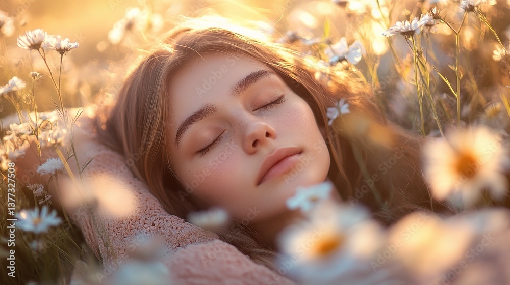 Fototapeta premium Serene Woman Lying in Field of Flowers During Soft Autumn Light