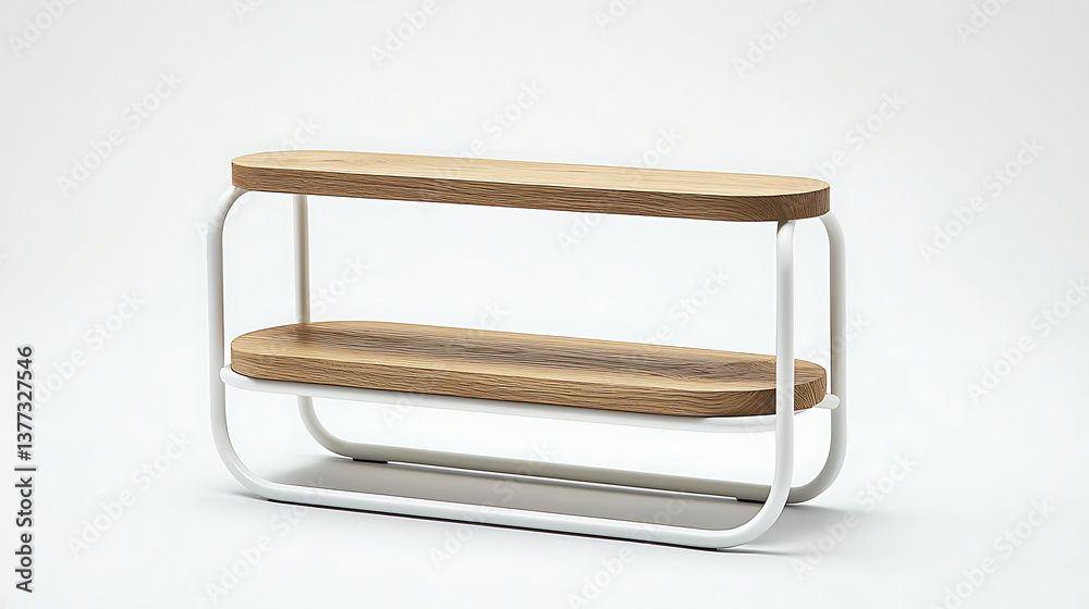 A wooden shelf with a white base A wooden shelf with a white base