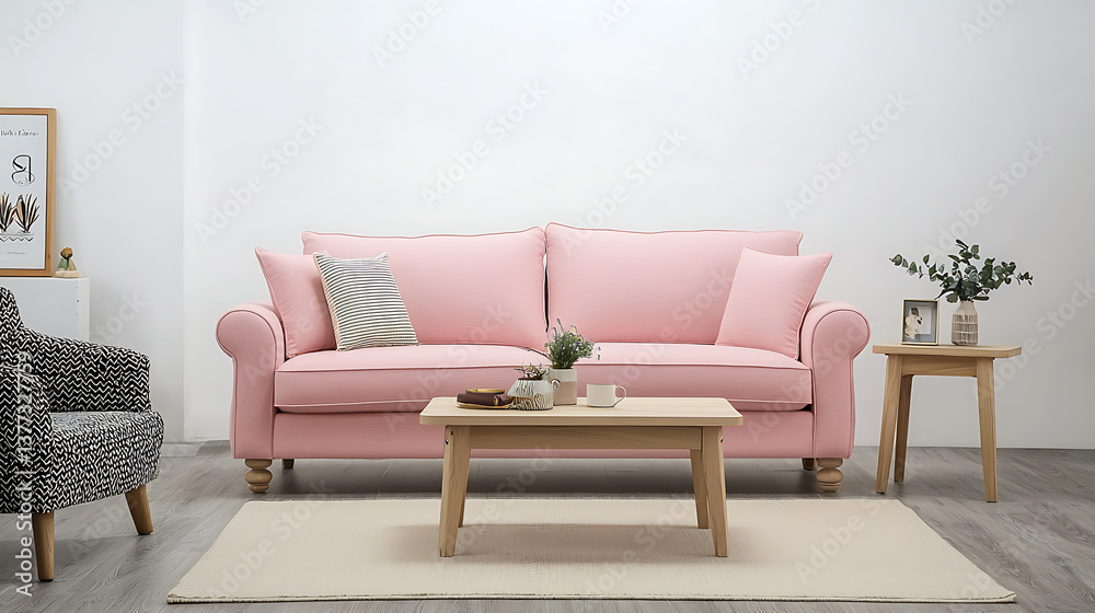 Fototapeta premium A living room with a pink couch and a coffee table