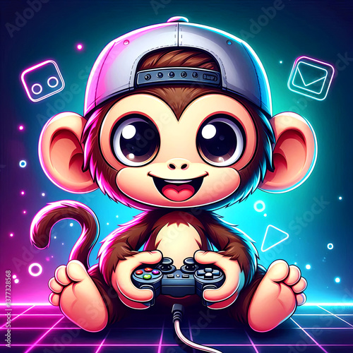 Monkey Gamer Holding a Controller. Cartoon Illustration