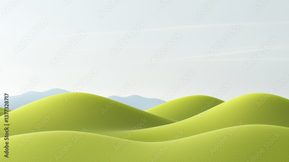 Obraz premium A serene landscape featuring rolling green hills under a light blue sky, creating a peaceful and minimalist atmosphere.