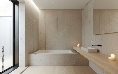 Modern minimalist bathroom with beige speckled walls, a built-in bathtub, and a floating vanity with candles. Natural light illuminates the space