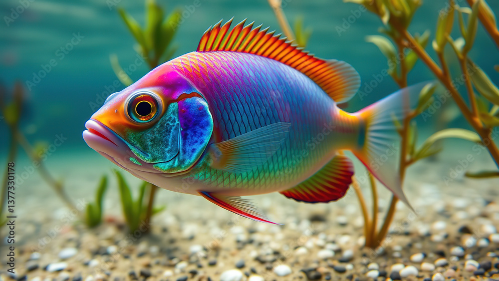 Naklejka premium Tropical fish in aquarium colorful blue and orange goldfish concept