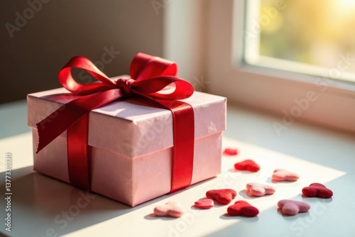 A delicately wrapped pink gift box adorned with a vibrant red ribbon, bathed in sunlight, rests on a surface scattered with small hearts.