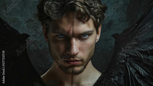 A striking male model with piercing blue eyes and dark feathered wings, showcasing a fierce expression and a scar across his forehead.