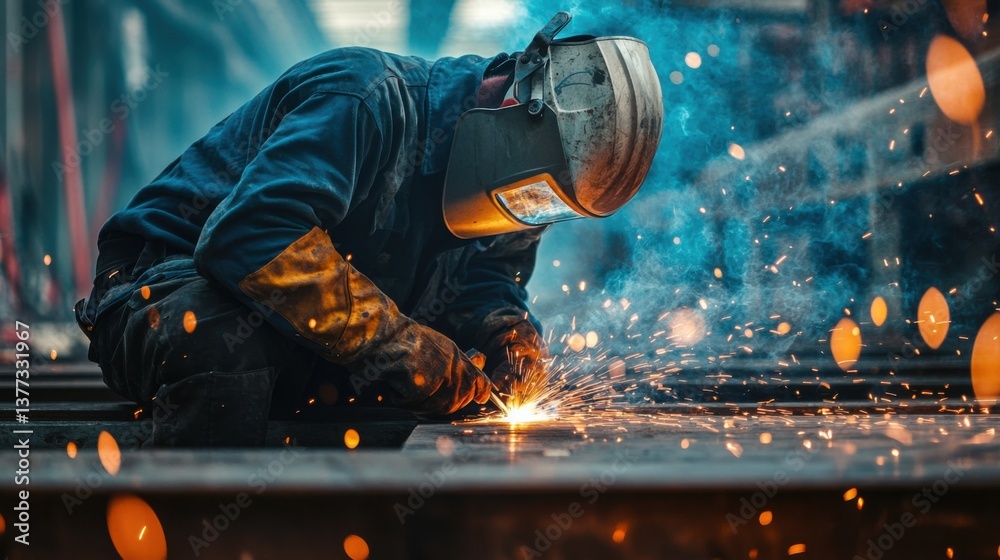 A construction worker welding metal joints at a construction site. Featuring skill and concentration A construction worker welding metal joints at a construction site. Featuring skill and concentration