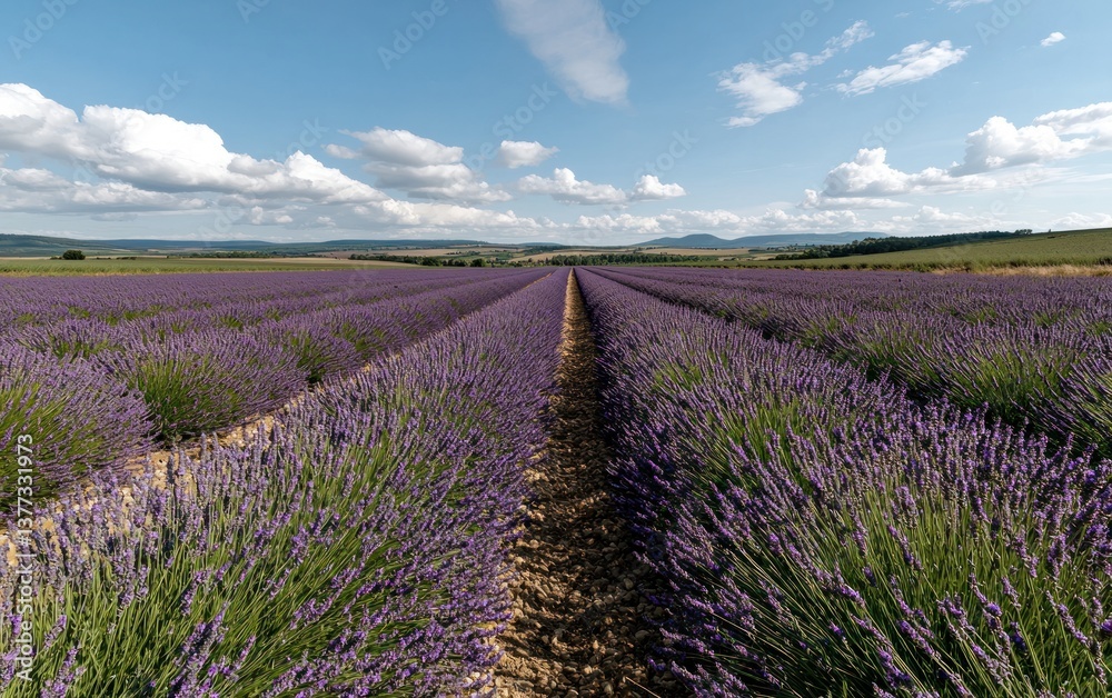 Vast lavender field under a partly cloudy sky. Rows of purple lavender plants stretch to the horizon. Sunlight illuminates the scene, creating shadows along the paths between rows. Vast lavender field under a partly cloudy sky. Rows of purple lavender plants stretch to the horizon. Sunlight illuminates the scene, creating shadows along the paths between rows.