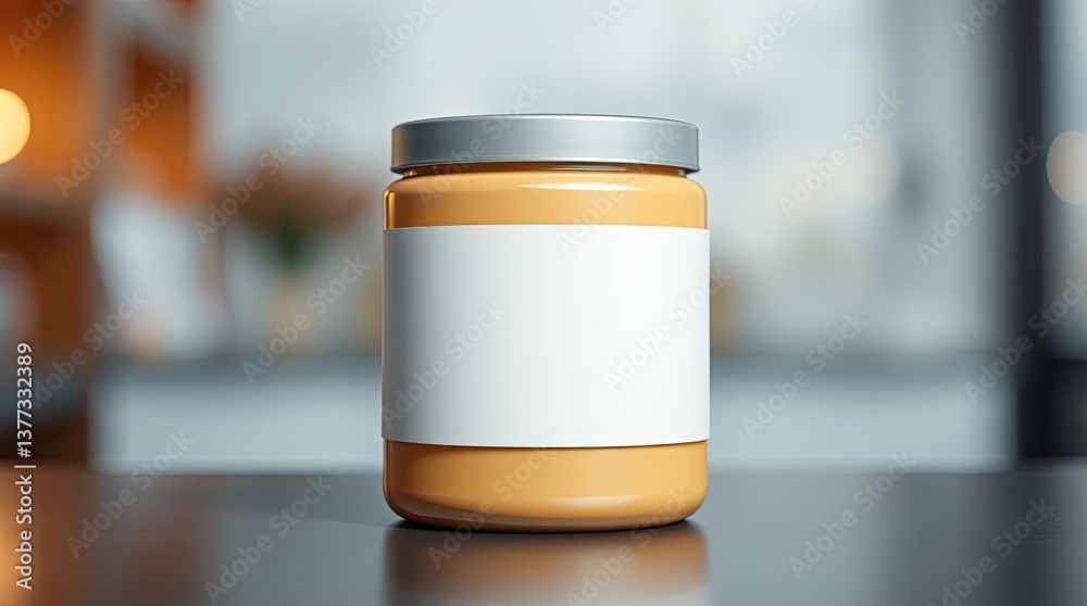 A jar of peanut butter on a reflective table surface A jar of peanut butter on a reflective table surface