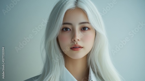 Cute asian girl with white hair, close-up shot photography
