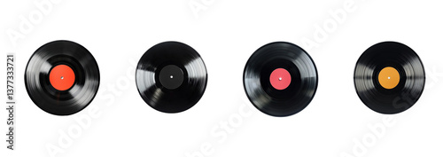 Collection of Vinyl record top view isolate on transparent backgrounda