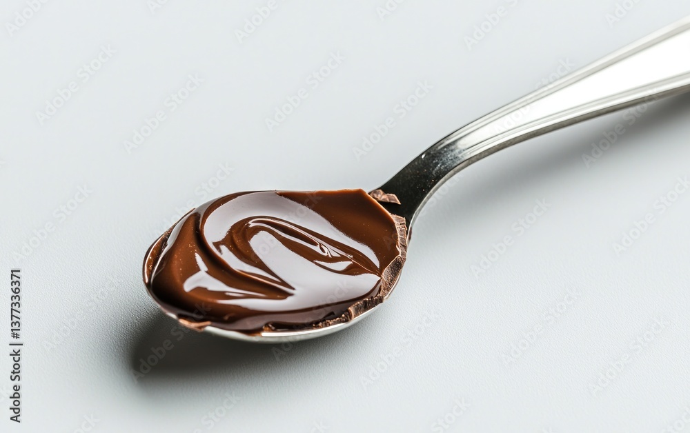 Close-up of a silver spoon with a dollop of rich, dark brown chocolate. The chocolate has a smooth, glossy texture with visible swirls. The background is a light gray, providing a neutral backdrop Close-up of a silver spoon with a dollop of rich, dark brown chocolate. The chocolate has a smooth, glossy texture with visible swirls. The background is a light gray, providing a neutral backdrop
