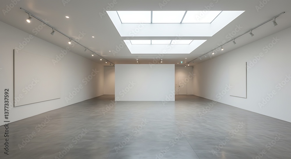 A minimalist art gallery showcasing expansive white canvases under skylights, creating a serene and contemplative atmosphere with bright, natural light illuminating the polished concrete floor. A minimalist art gallery showcasing expansive white canvases under skylights, creating a serene and contemplative atmosphere with bright, natural light illuminating the polished concrete floor.