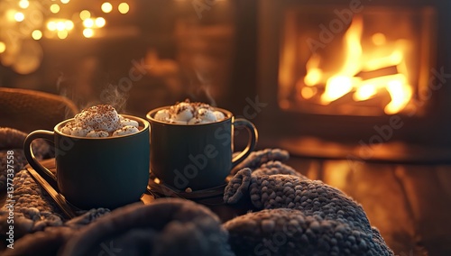 Cozy winter drink by fireplace. Steam rising from two mugs of hot chocolate, placed on a wooden tray near a warm fireplace