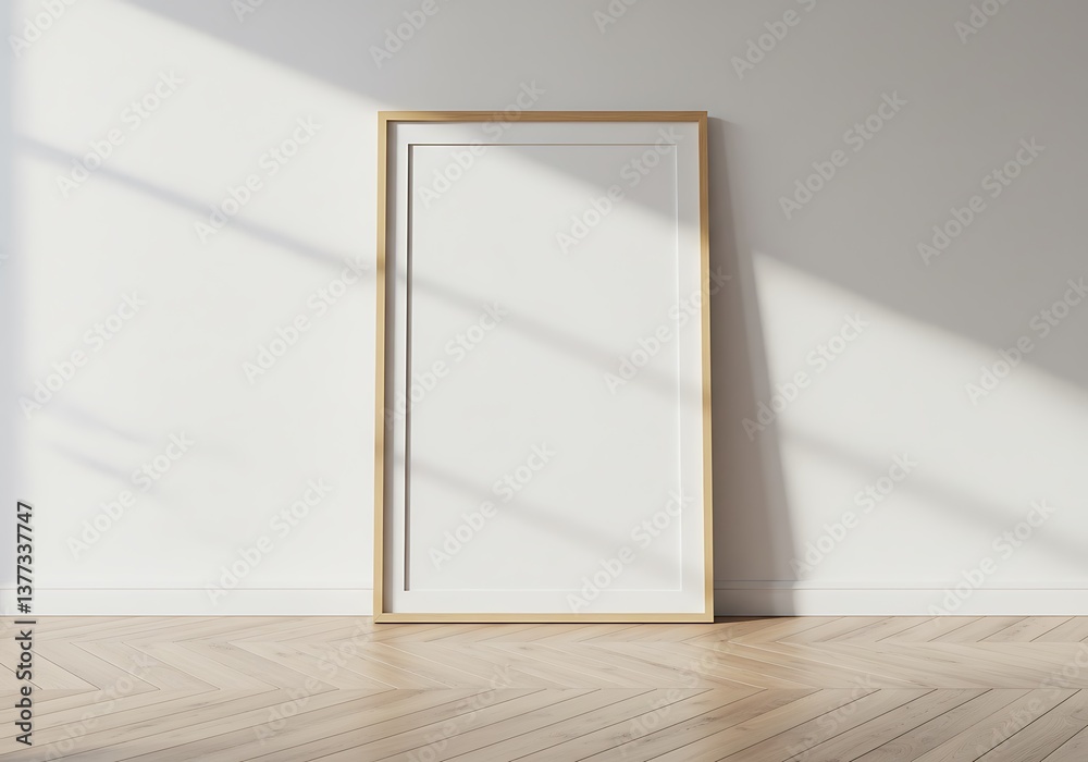 A minimalist empty frame leaning against a sunlit wall, promising a space for memories and personal expression, with light wood and a clean white backdrop.