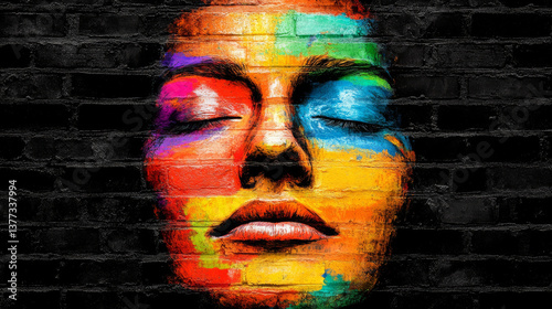 Colorful face mural on brick wall, showcasing vibrant art
