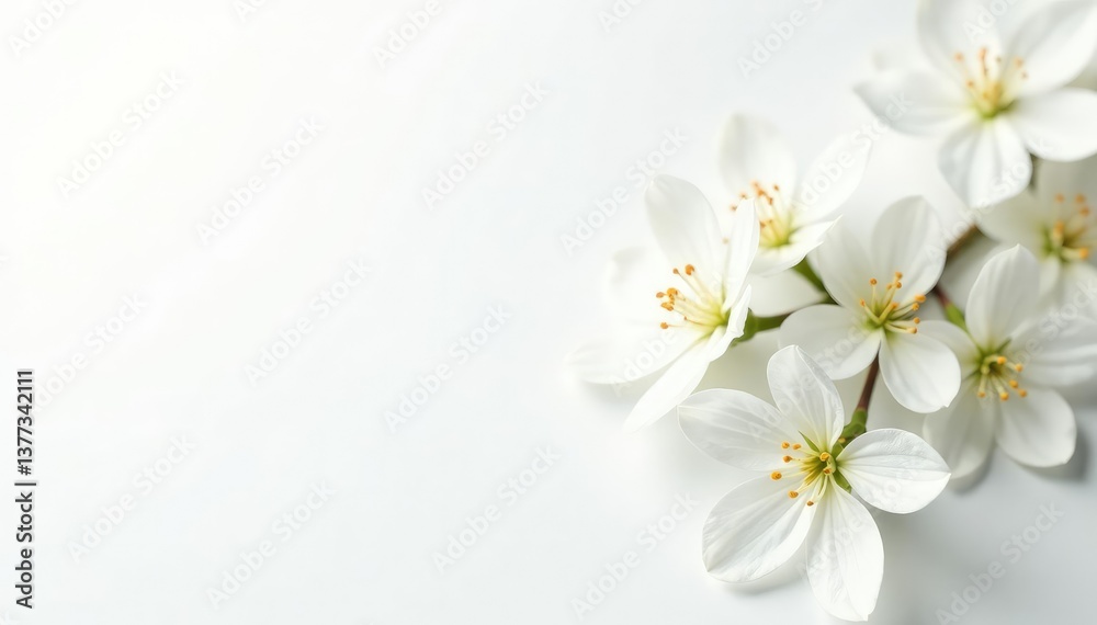 Fototapeta premium Delicate white blossoms against pure white backdrop, closeup, natural, petal
