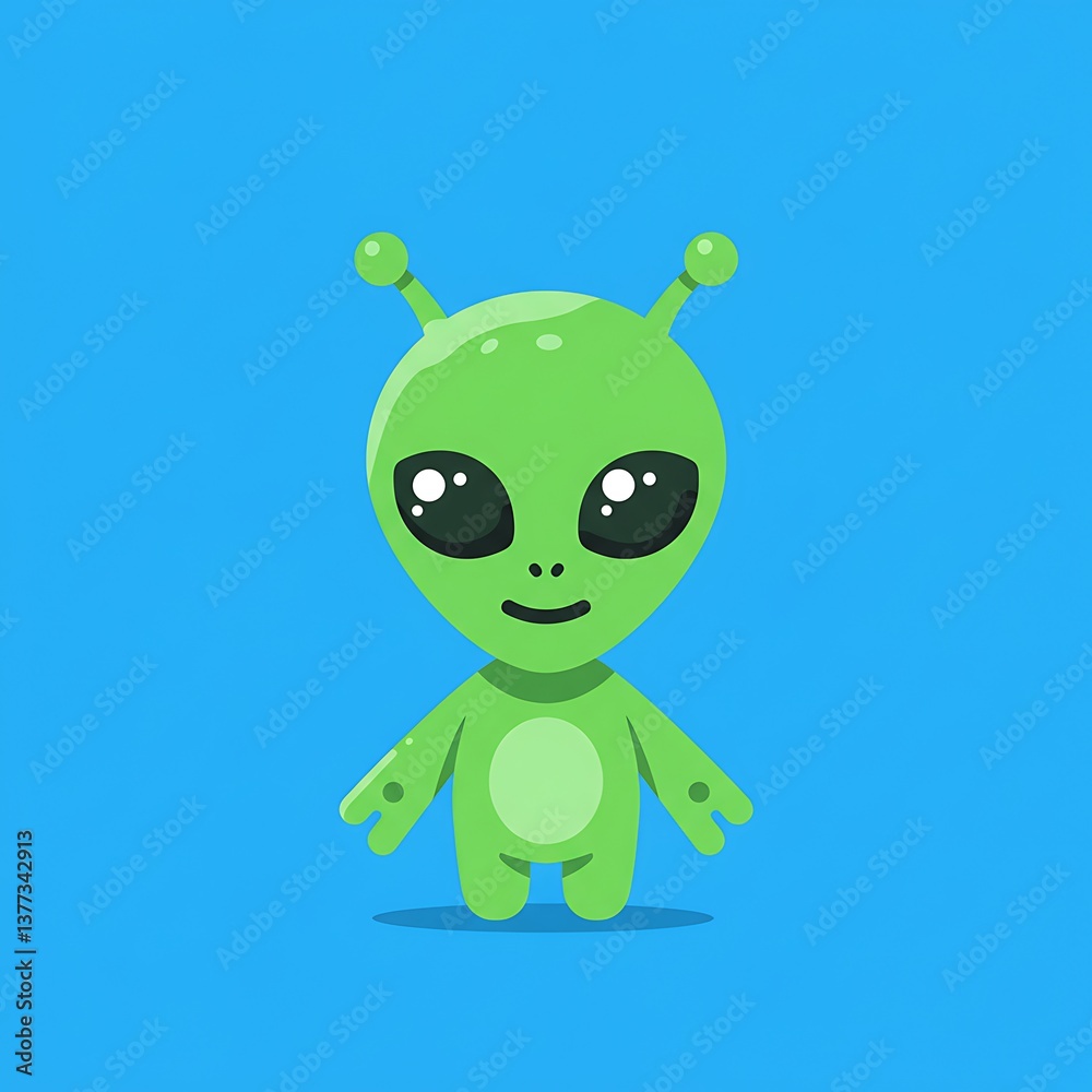 Obraz premium Adorable Green Alien Character with Large Eyes on Vibrant Blue Background