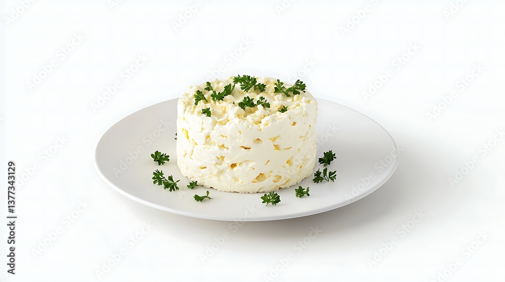 A close-up shot of a cylinder-shaped cottage cheese, sprinkled with fresh parsley and served on a pristine plate, inviting a sense of freshness and wholesome eating. A close-up shot of a cylinder-shaped cottage cheese, sprinkled with fresh parsley and served on a pristine plate, inviting a sense of freshness and wholesome eating.