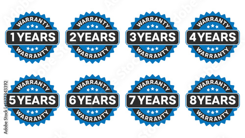 Warranty Badges Set 1 to 8 Years - Blue and Black Circular Design with Stars - High-Quality Icons for Product Assurance and Reliability Marketing