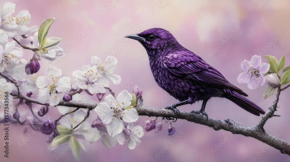 Photograph of a purple Coracias caudatus on a branch with white flowers, against a spring background Photograph of a purple Coracias caudatus on a branch with white flowers, against a spring background