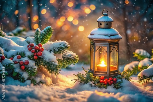 Old Fashioned Lantern in Snowy Winter Scene with Pine & Holly