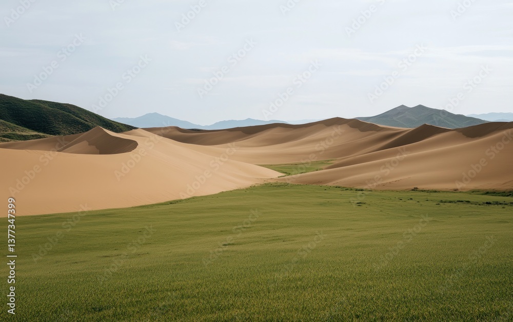 Obraz premium Expansive view of sand dunes meeting a vibrant green field under a bright sky. The color contrast between the tan sand and lush green vegetation is striking. The scene evokes a sense of serene