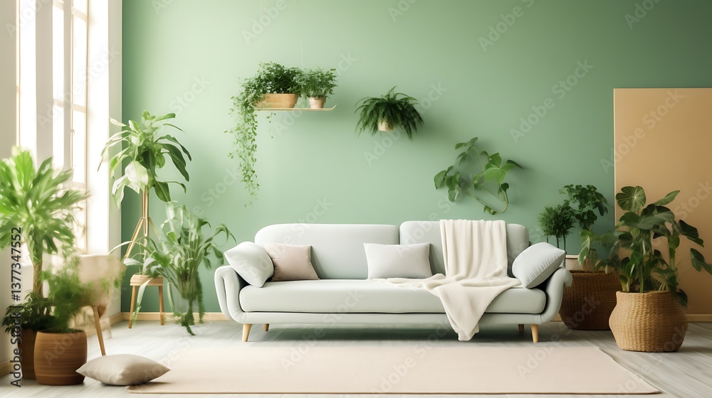 Fototapeta premium Green Living Room Decor With Many Plants And A Light Sofa