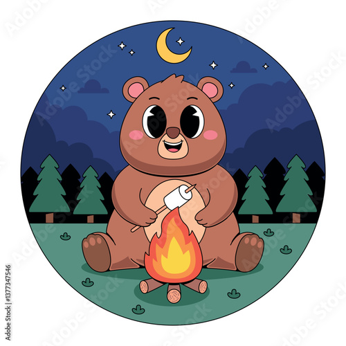 Cute bear roasting marshmallow