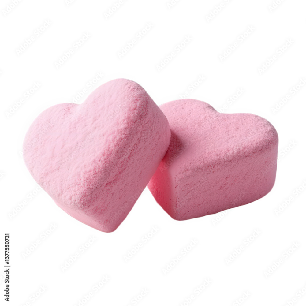 Fototapeta premium Two pink heart-shaped marshmallows isolated on a white background. Sweet and fluffy candy, perfect for Valentine's Day, love, romance, weddings, and dessert-themed designs