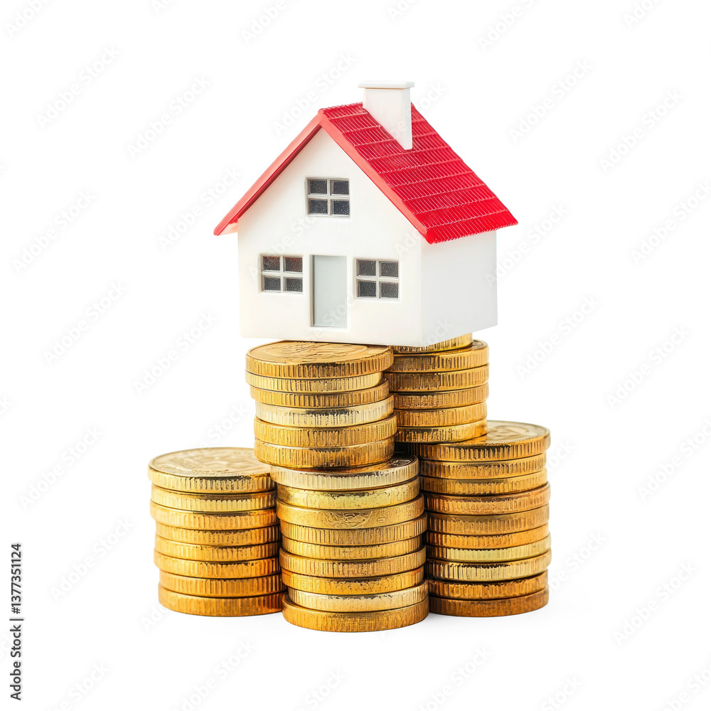 Modern minimature house on stack gold coins isolate on transparent background Modern minimature house on stack gold coins isolate on transparent background