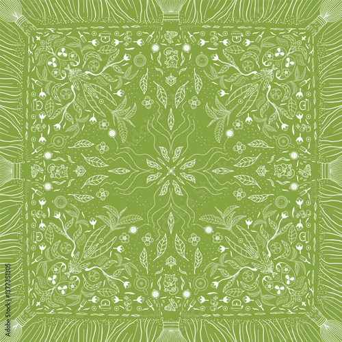 Tea Bandana Print, paisley seamless pattern. Pattern, Tea, flowers, tea leaves, Teapot, Matcha Green Tea, and decorative line ornament. Green and white pattern.