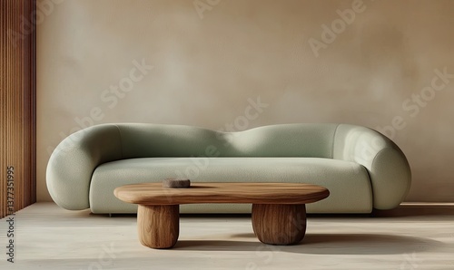 Modern, minimalist living room featuring a soft, sculpted sofa and a low, organic coffee table.  Beige and light wood tones create a serene ambiance