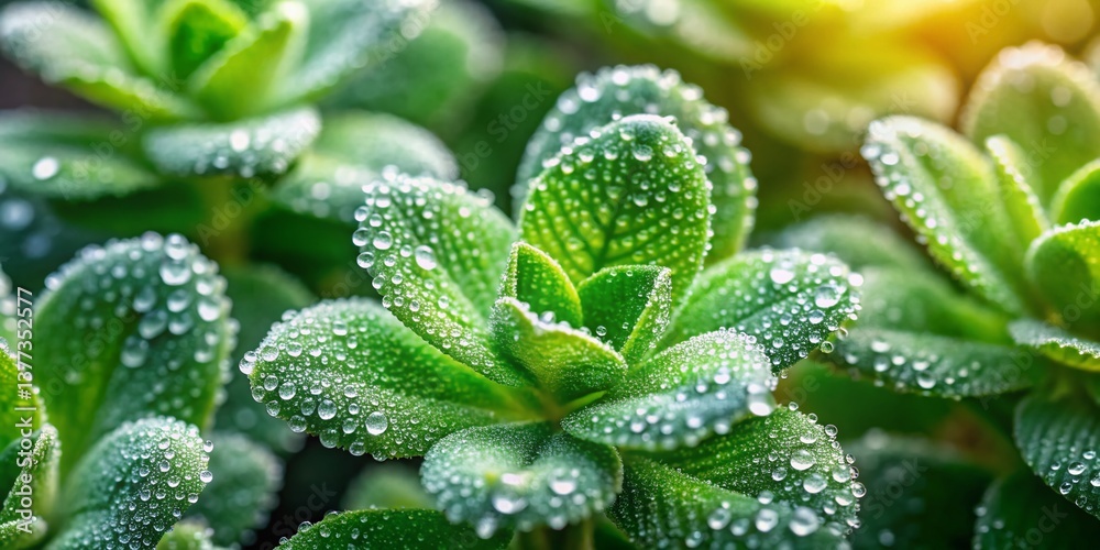 Panoramic Sticky Plant Close-Up: Vibrant Green Foliage in Lush Garden Panoramic Sticky Plant Close-Up: Vibrant Green Foliage in Lush Garden