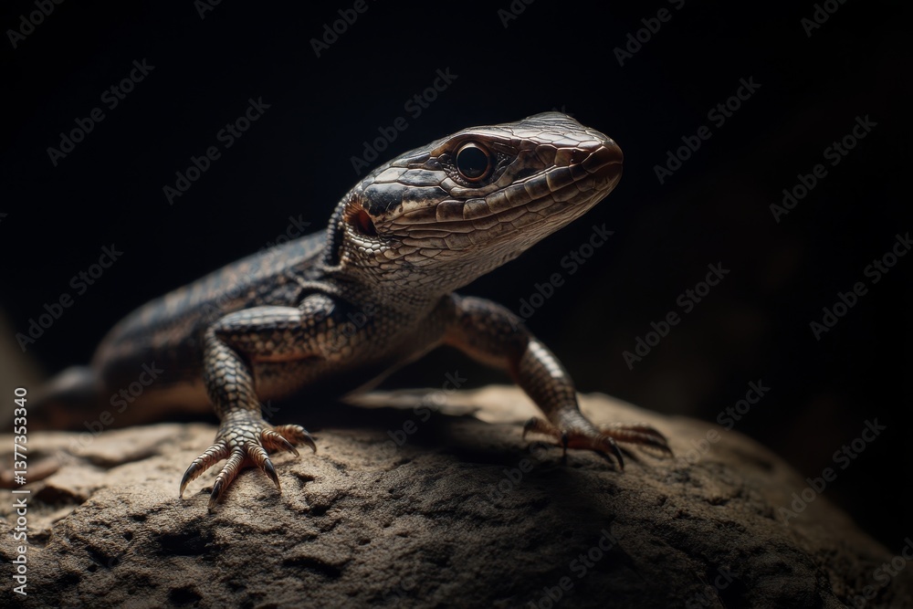 Naklejka premium Close-up of a lizard on a rock with dramatic lighting