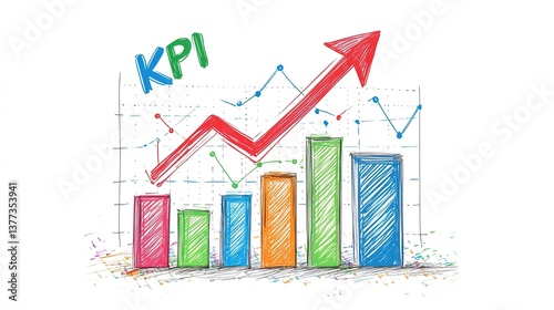 Vibrant KPI illustration with colorful marketing graphs and social media symbols on white background, representing business growth and digital advertising success. 