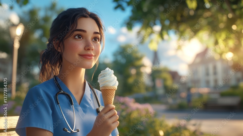 Fototapeta premium A female doctor in blue scrubs sits on a park bench, savoring an ice cream cone, with the background softly blurred by the lush greenery and warm afternoon light.
