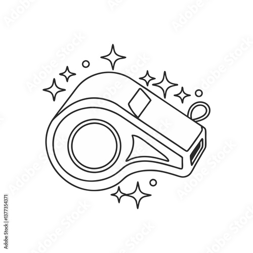Vector illustration of a whistle with sparkles, shown in a clean black and white outline style symbolizing alert, sports, and sound signaling.