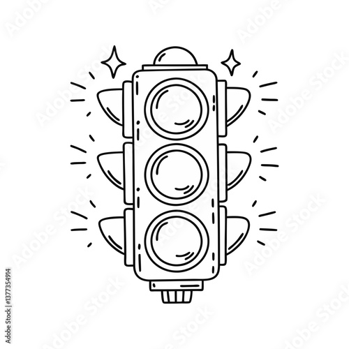 Vector illustration of a detailed traffic light with sparkles and emphasis lines, drawn in a clean black and white outline style symbolizing road safety and control.