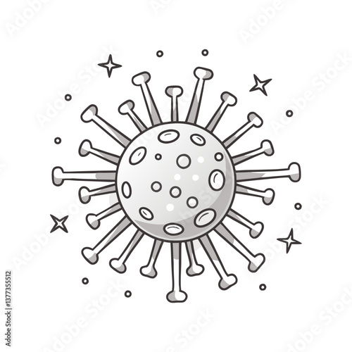 Vector illustration of a stylized virus particle with spike proteins and sparkles, in a clean black and white outline design representing infection and health.