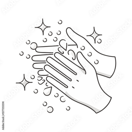 Vector illustration of hands being washed with soap bubbles and sparkles, drawn in a clean black and white outline style promoting hygiene and cleanliness.