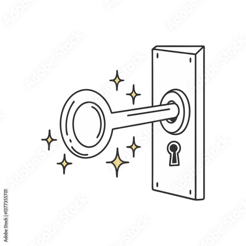 Vector illustration of a key entering a keyhole with golden sparkles, styled in a clean black and white outline with a touch of color for emphasis.