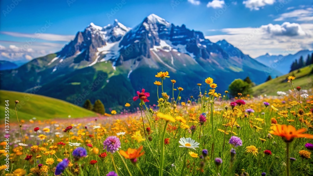 Obraz premium Panoramic Wildflowers Bloom on Mt. Pilatus, Swiss Alps