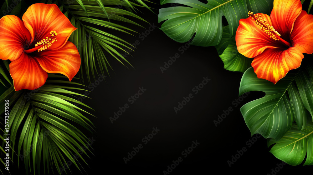 Fototapeta premium Vibrant tropical flowers and leaves on dark background