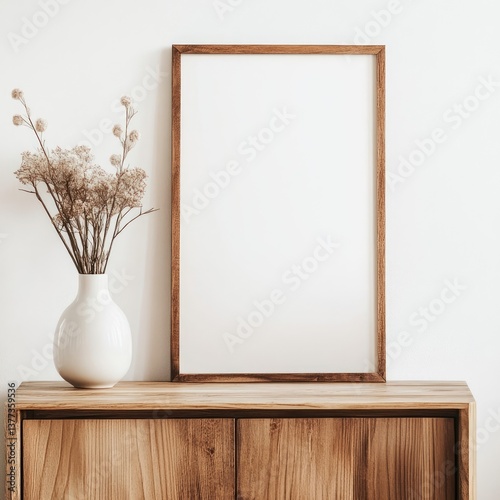 Empty framed print on wooden console table with vase of dried flowers