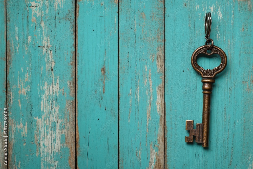 Fototapeta premium Antique key on teal wooden planks