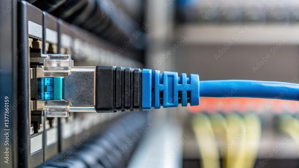 close up of network cable connected to switch, showcasing importance of automation in industry. This highlights connectivity and technology close up of network cable connected to switch, showcasing importance of automation in industry. This highlights connectivity and technology