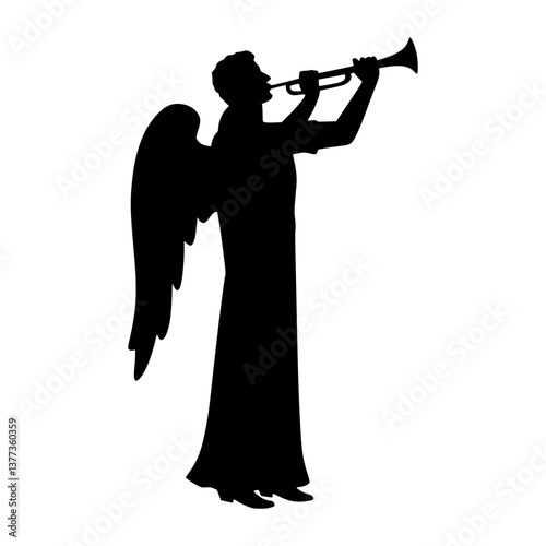 Silhouette Angel Playing Trumpet - Vector Illustration